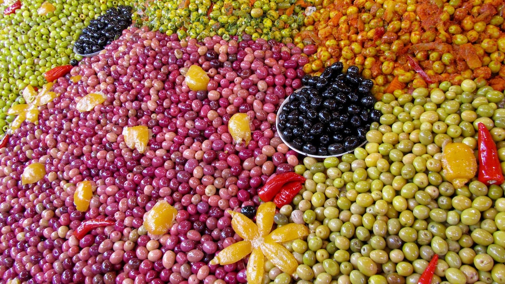 Array of olives on display at a market in Agadir