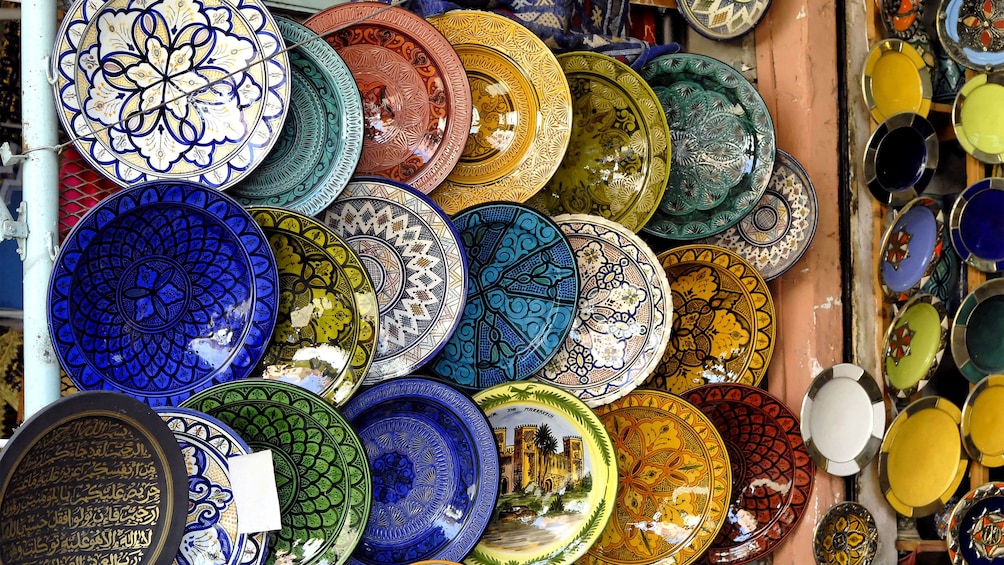 Colorful pottery for sale at a market in Agadir