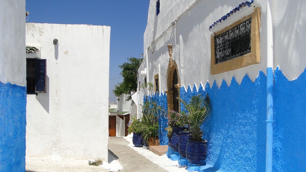 blue and white painted walls in town