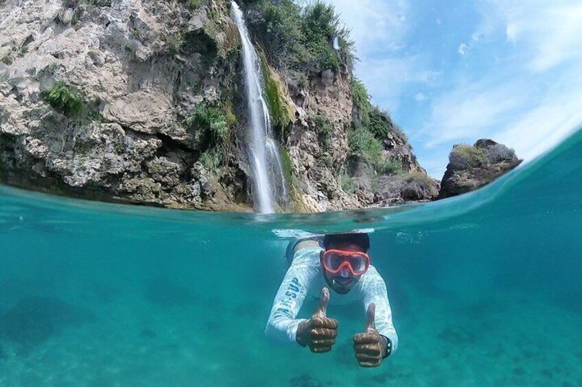 Snorkel stop at the Maro Waterfall. Kayak + Snorkel route.