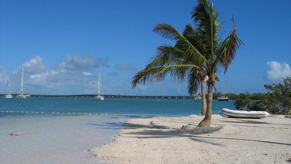 View of cerulean waters froma white sand beach in Key West