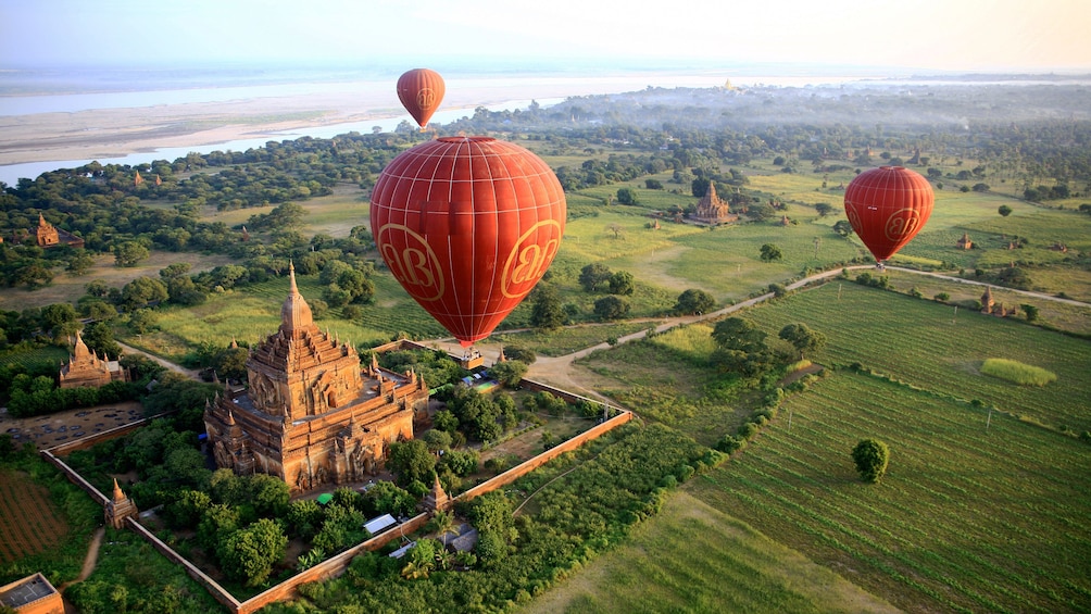 Breathtaking view of hot air balloons floating over Bagan 