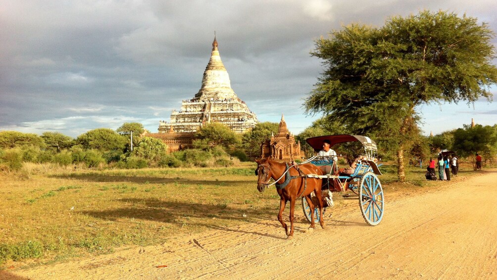 man driving horse carriage along the road in Bagan