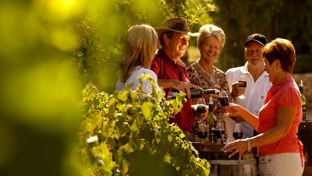 Show item 5 of 6. ferry passengers partaking in wine tasting outside in Australia