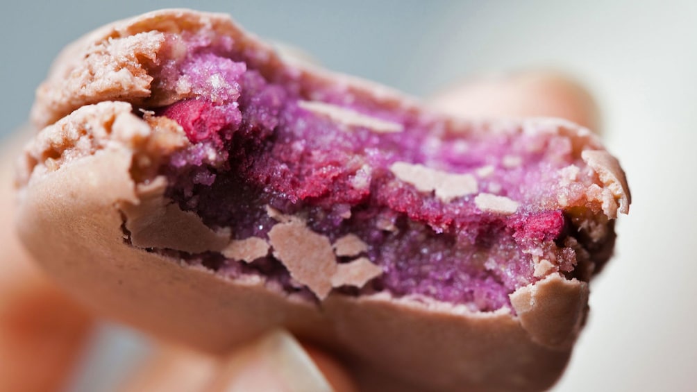 Close up of a lavender macaroon in Santa Barbara