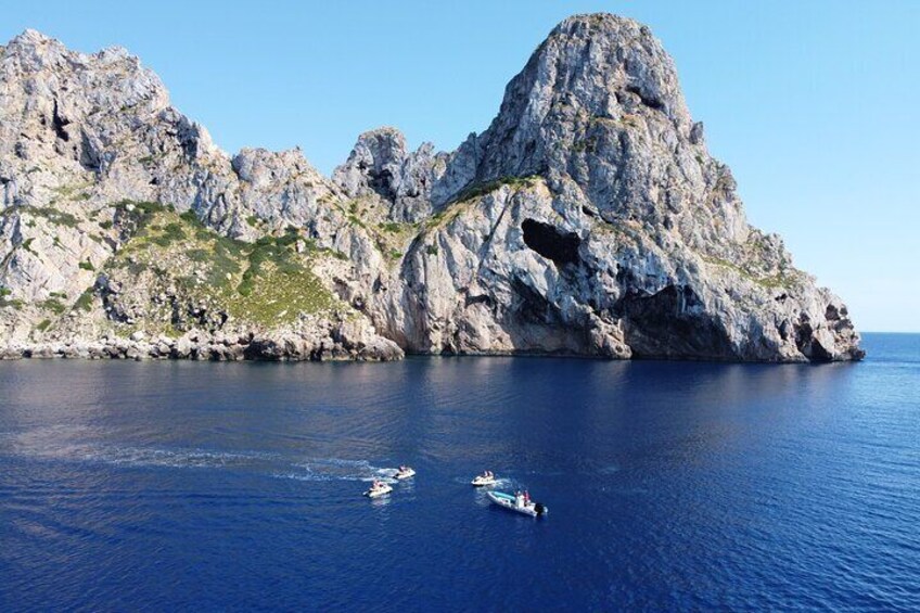 At the foot of Es Vedra on a jet ski with the guide boat