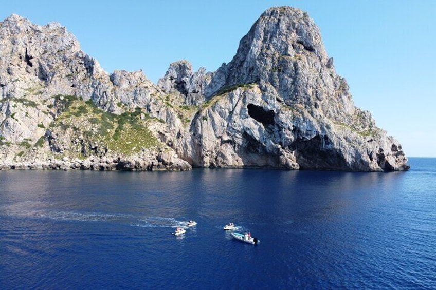At the foot of Es Vedra on a jet ski with the guide boat