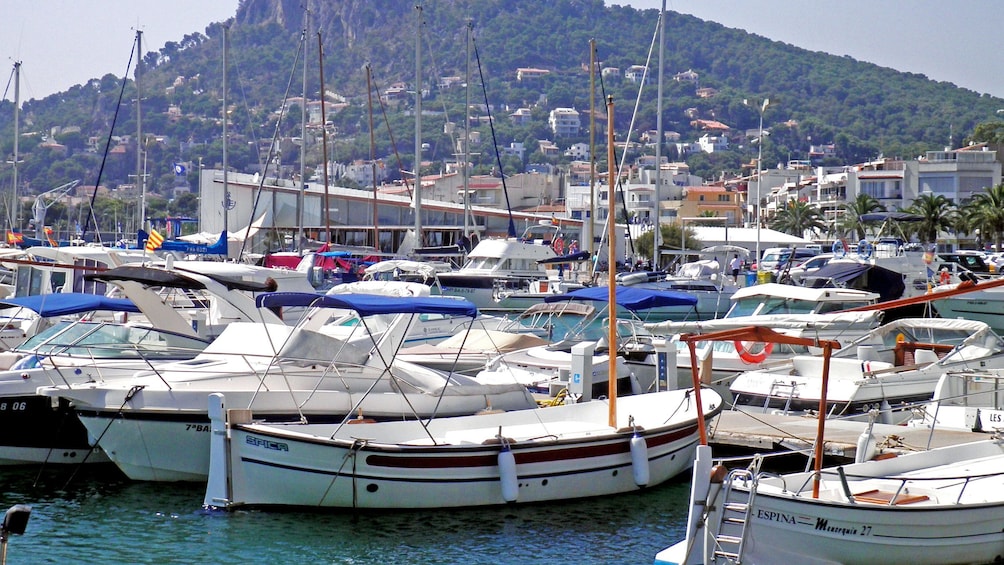 docked boats at the bay in Barcelona