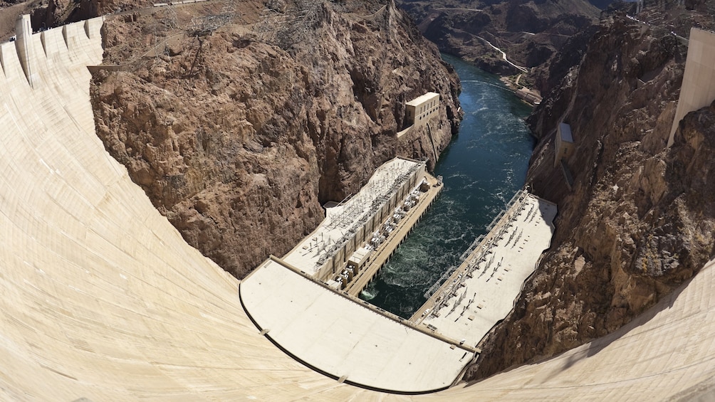 Looking down into the Colorado river as it runs into Hoover Dam