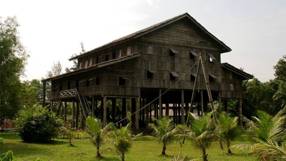 Calm view of a wooden house at the Sarawak Cultural Village in Malaysia 