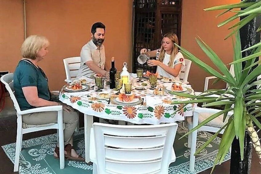 having lunch on the terrace in the open air after the pasta making class