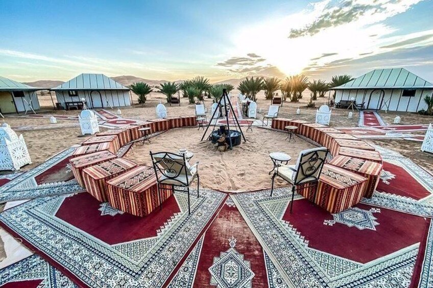 Merzouga: Overnight in Luxury Desert Camp with Camel Ride, meals & sandboarding