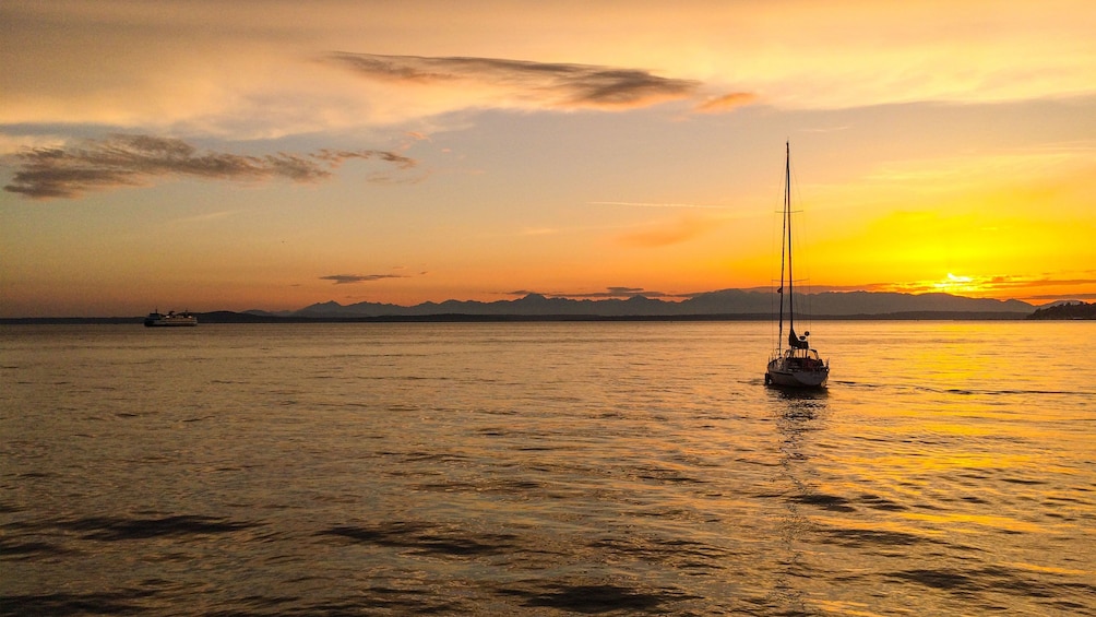 Landscape view of boat on the water at sunset.