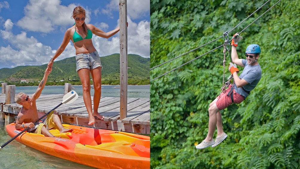 combo image of kayaking and ziplining