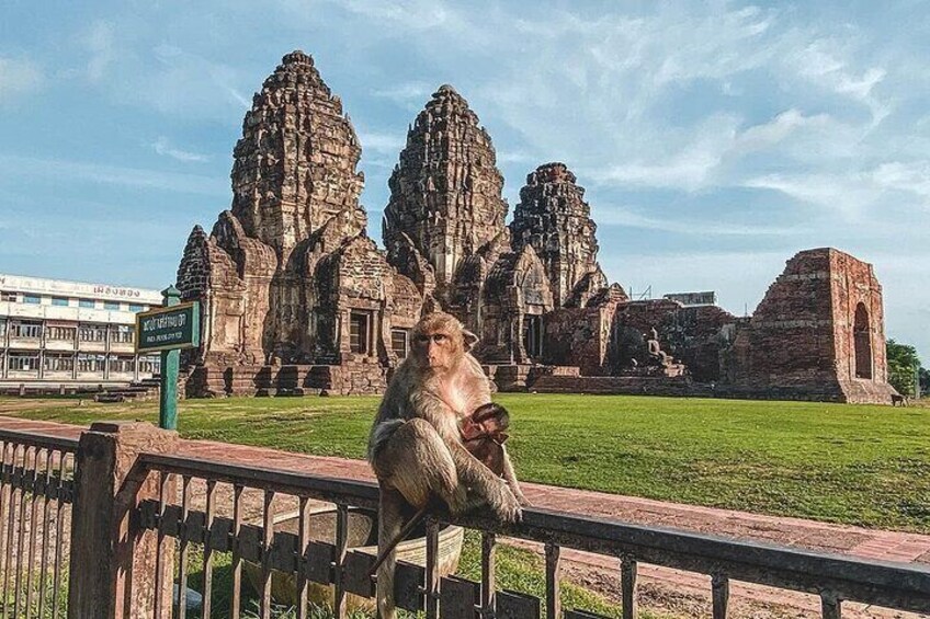 Explore Phra Prang Sam Yot, an ancient Khmer temple known for its three connected prangs and the playful monkeys that inhabit the area.