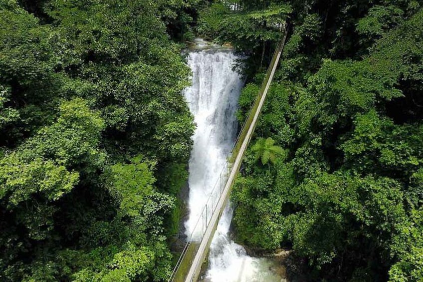 Hanging bridge over the waterfall