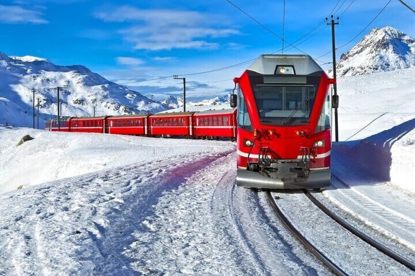 Lake Como, Swiss Alps and Bernina train. from Milan