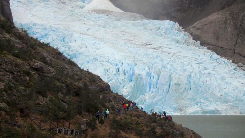 Large group of tourists on a tour of the Balmaceda & Serrano Glaciers in Chile 