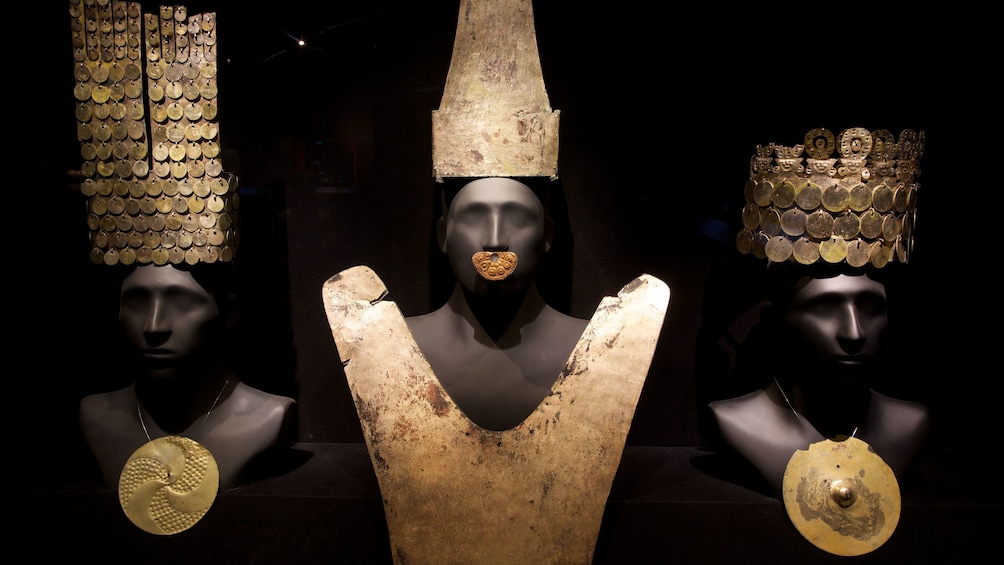 Ancient gold ornamental head dressings exhibited at the Larco Museum