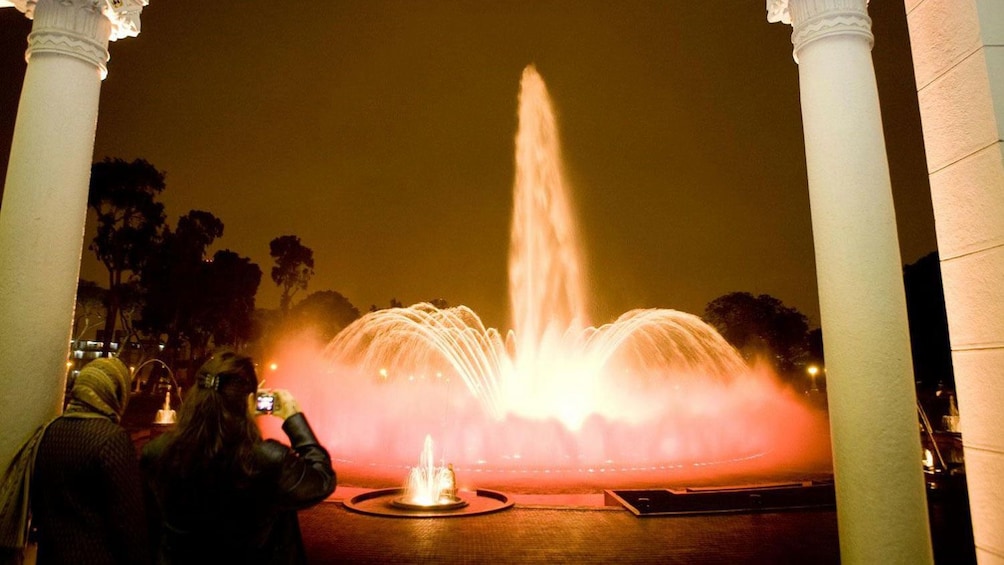 Fountain lights up the evening at the Magic Circuit Water Show in Lima, Peru