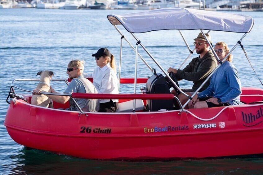 Eco Electric powered motor boats for rent on Point Loma, San Diego! Enjoy the fresh breeze, California sun and amazing views!