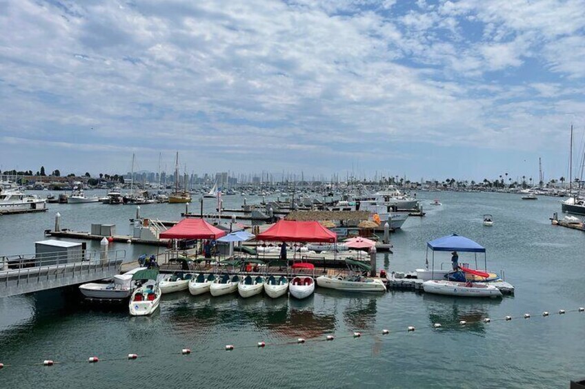 Modern pedal boat rentals in San Diego Bay. You can bring your picnic baskets to have snacks while enjoying the spectacular views of Downtown
