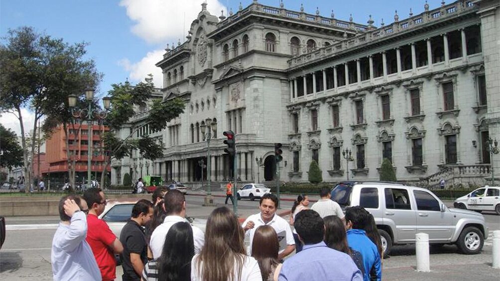 Tourist group in front of the Historic Center of Guatemala 