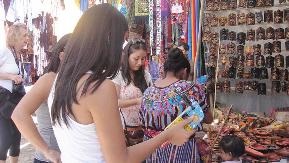 View of a shop stall at the Chichicasenango handicraft market in Guatemala 