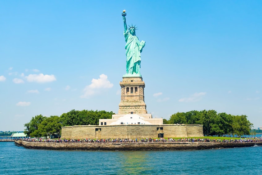 Wide shot of the Statue of Liberty