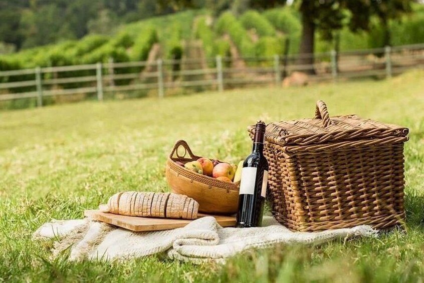 The basket with a bottle of wine, typical products and cheeses