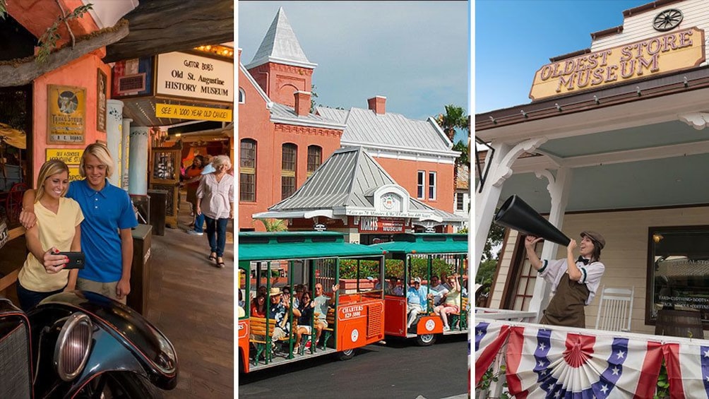 Combo image of a trolley tour, the History Museum and the Oldest Store in St Augustine