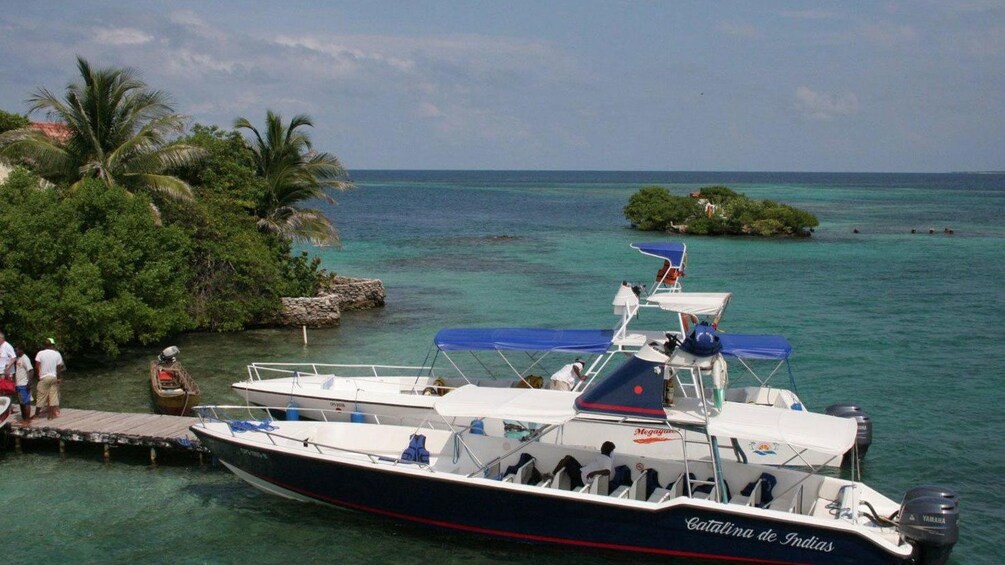 Boats dock on the Rosario Islands to transport tourists