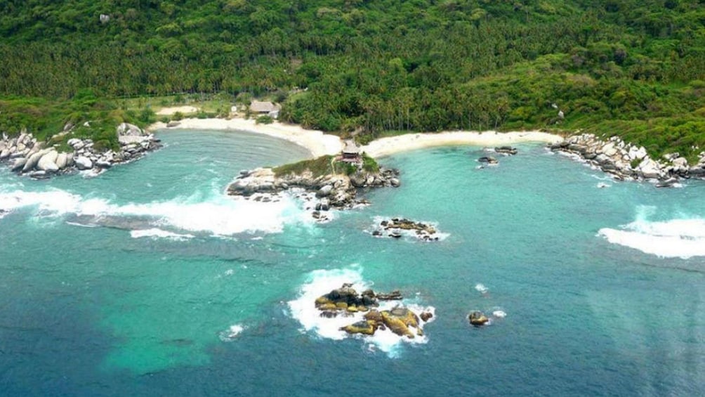 Aerial view of the rocky coastline are of Tayrona Park