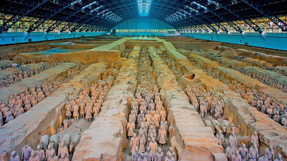 preserved Terra Cotta warrior sculptures at the archeological site in Xi'an
