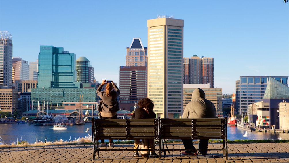 Show item 1 of 5. Group enjoying a view of the city from Federal Hill in Baltimore