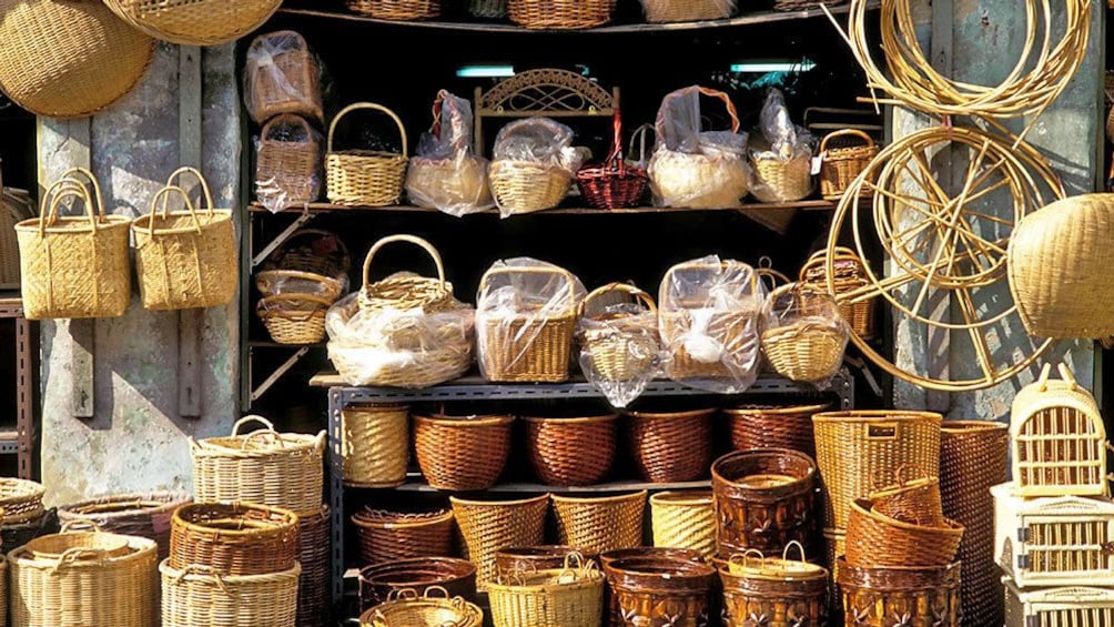Woven baskets on display at the Negril Craft Market in Seven Mile Beach, Negril
