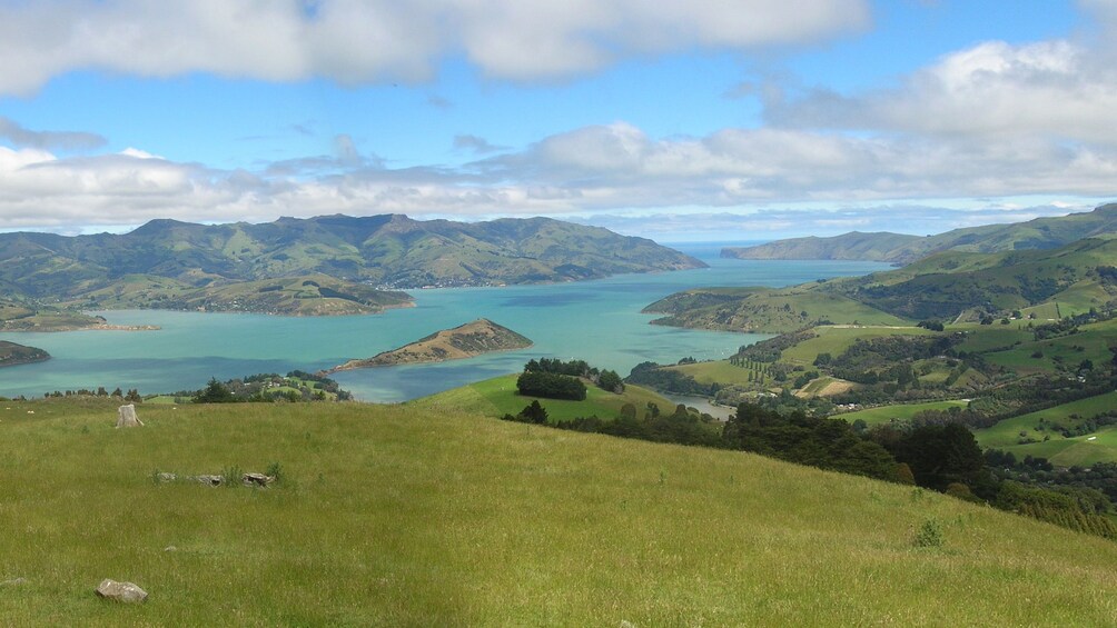 Panoramic shot of Banks Peninsula on the east coast of the South Island of New Zealand