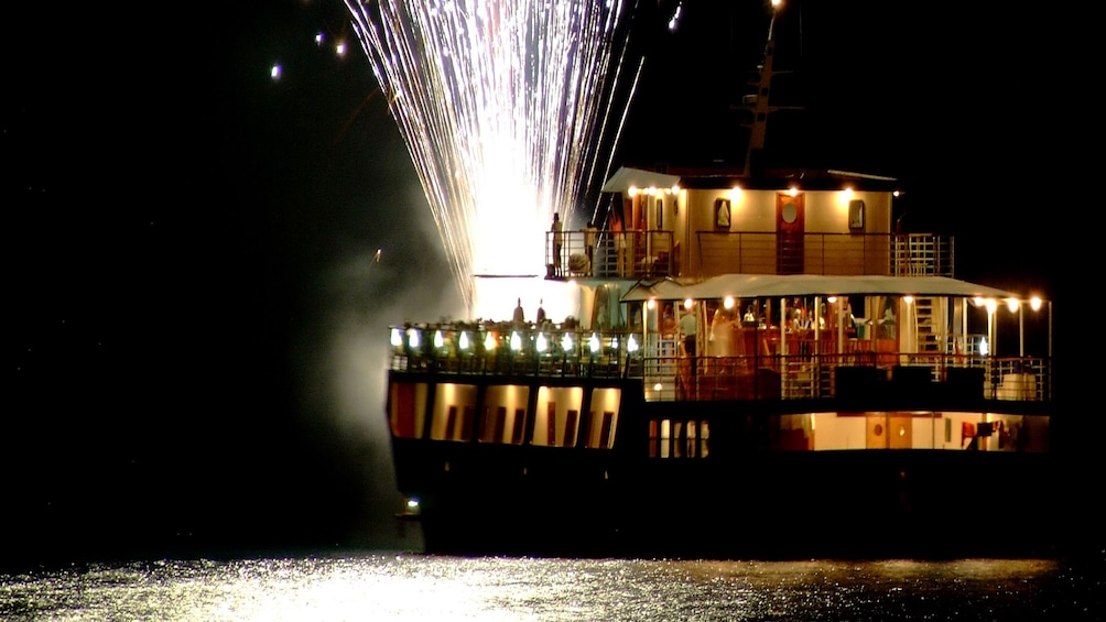 Fireworks explode off the deck of WaveDancer