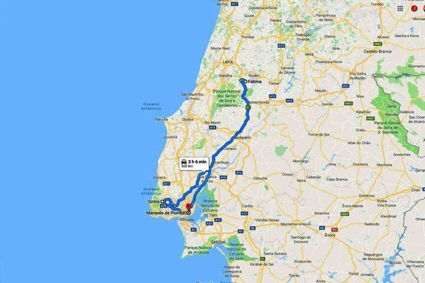 Map of Portugal - itinerary of Fatima and Sintra tour from Lisbon