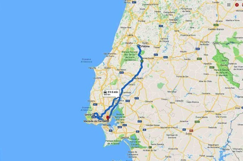 Map of Portugal - itinerary of Fatima and Sintra tour from Lisbon