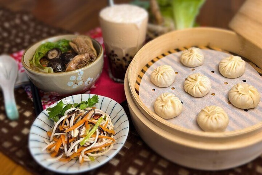 Taiwan Traditional Delicacies Experience, Xiao Long Bao, Chicken vermicelli with mushroom and sesame oil, Tofu strips salad, Bubble milk tea. (Taiwan Cooking Class)