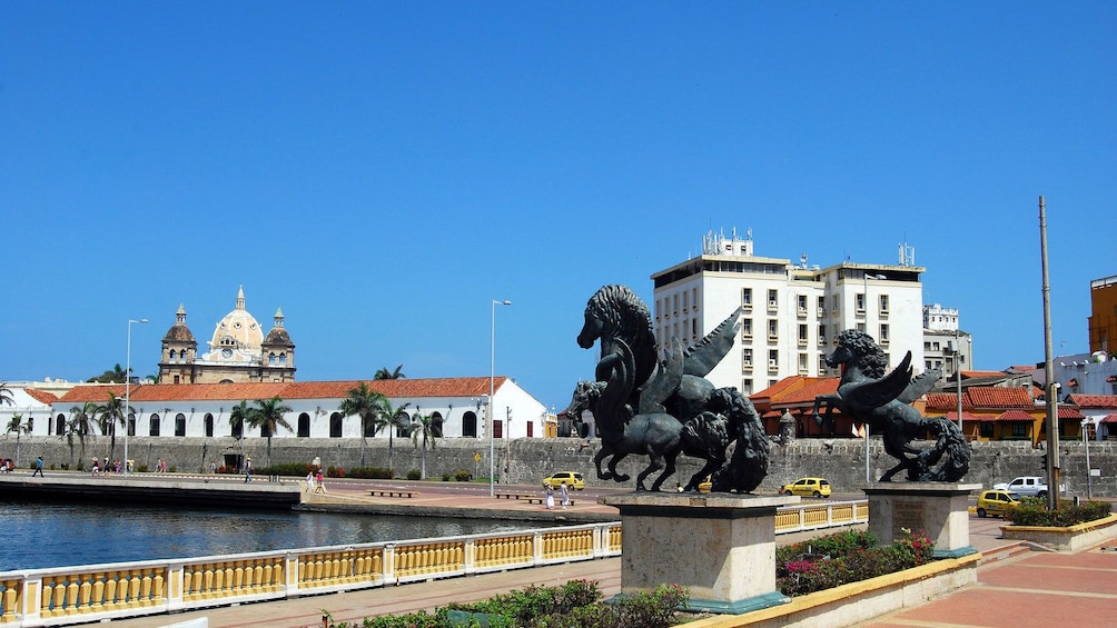 Winged horse statues at the bay in Cartagena