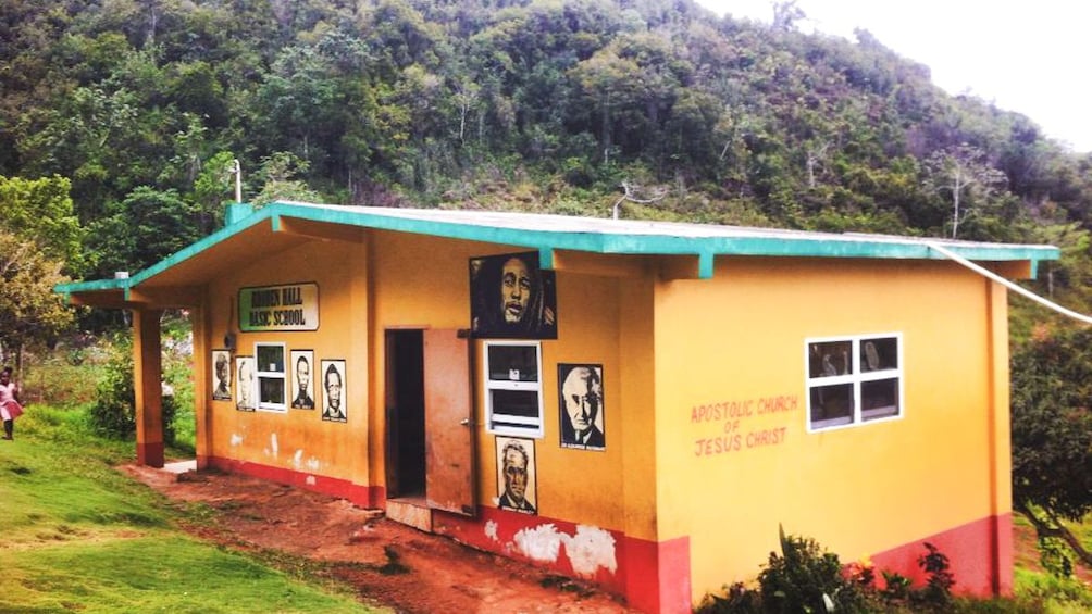 Exterior view of old church building in Nine Mile, Jamaica.