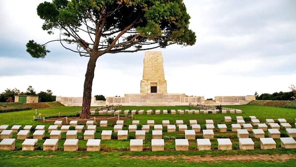 Wide view of cemetery gravestones.