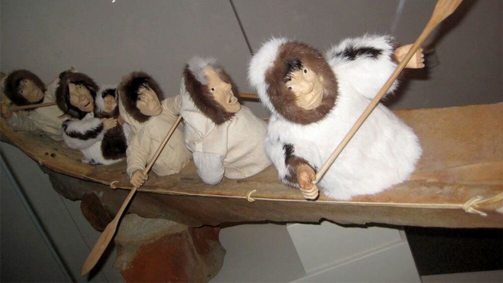 Sculpture of Alaska Natives in a canoe at a museum in Fairbanks