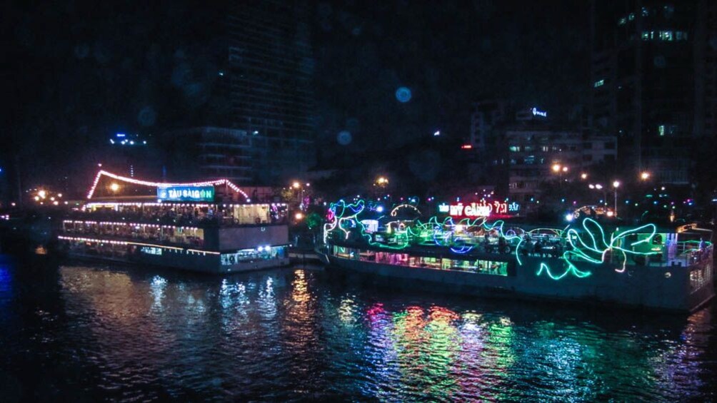 illuminated ferry at night on the water.