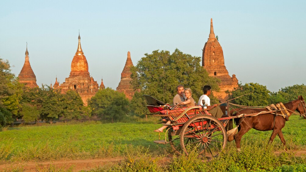 man in horse drawn cart near temples in bagan