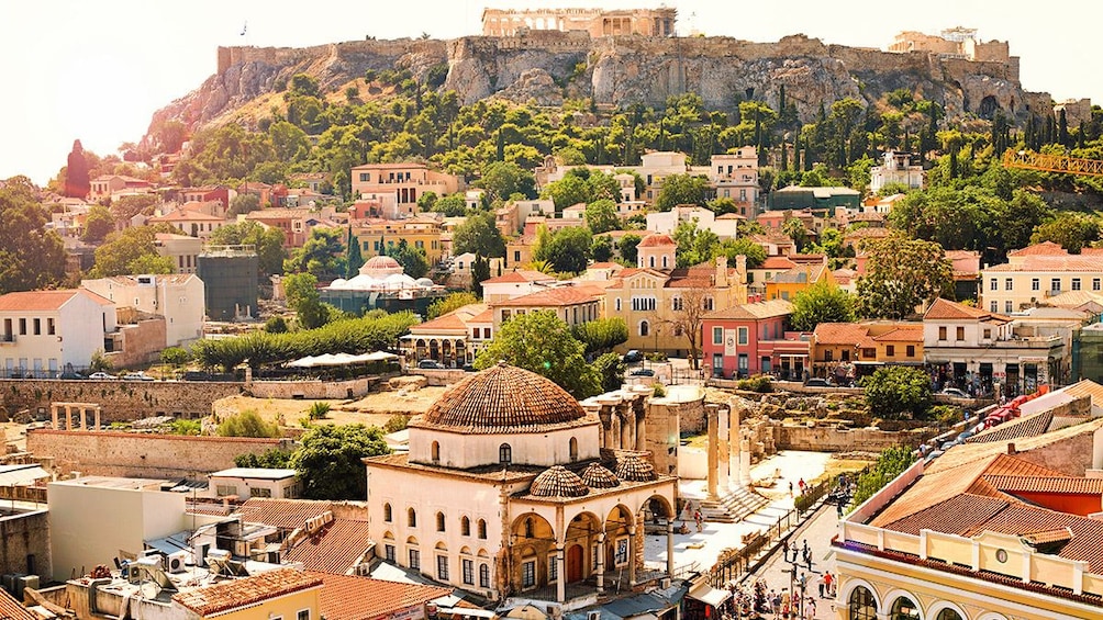 View of city with several buildings shown.