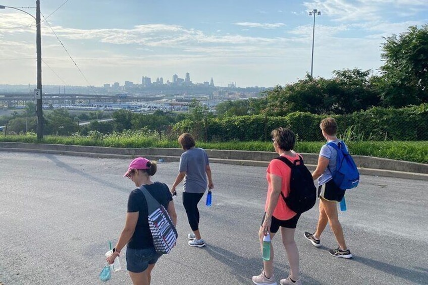 Walking in Strawberry Hill with KCMO skyline 