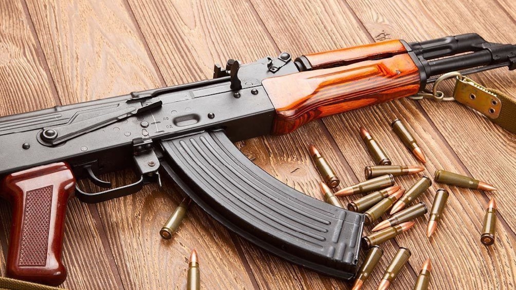 Close up of rifle and bullets.